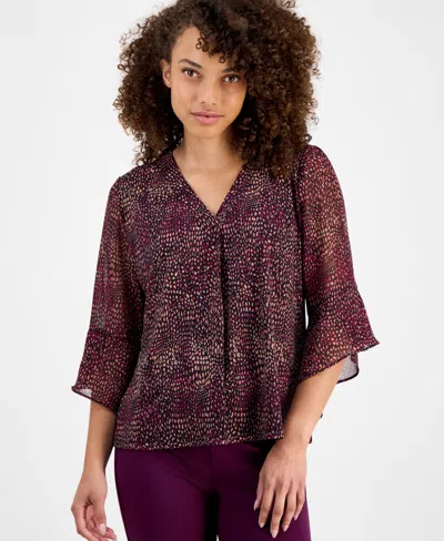 Ak Anne Klein Petite Printed 3/4-sleeve Blouse In Purple