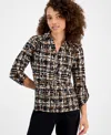 Ak Anne Klein Petite Printed 3/4-sleeve Roll-tab Collared Top In Multi
