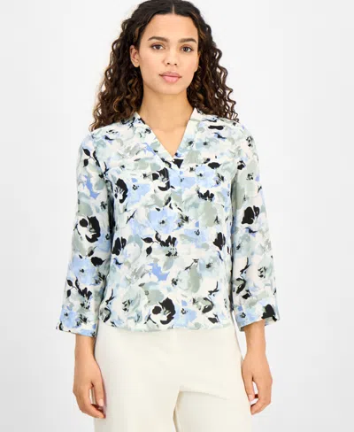 Ak Anne Klein Petite Printed 3/4-sleeve Utility Blouse In Soft Aloe Multi