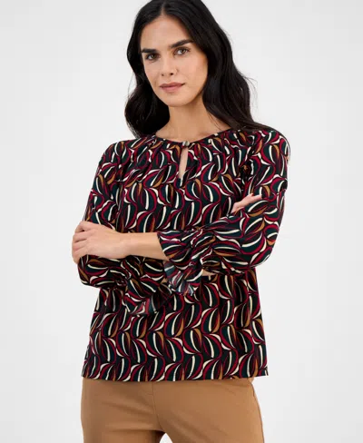 Ak Anne Klein Petite Printed Keyhole-front Flare-cuff Top In Multi