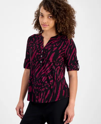 Ak Anne Klein Petite Printed Rolled-sleeve Button-front Top