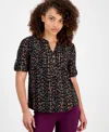 Ak Anne Klein Petite Printed Rolled-sleeve Button-front Top In Multi
