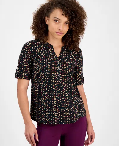 Ak Anne Klein Petite Printed Rolled-sleeve Button-front Top