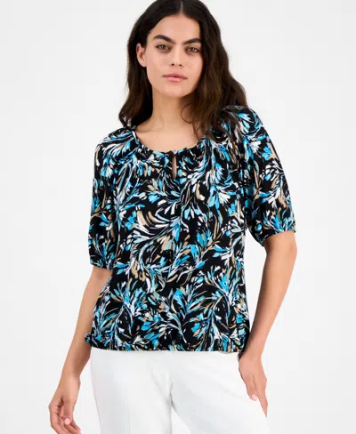 Ak Anne Klein Petite Printed Scoop-neck Elbow-sleeve Top