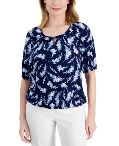 Ak Anne Klein Petite Printed Scoop-neck Elbow-sleeve Top In Distant Mountain,shore Blue