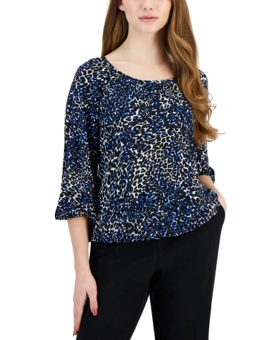 Ak Anne Klein Petite Printed Shirred 3/4-sleeve Top In Anne Black,marine Blue Cheetah