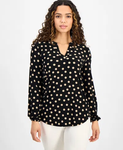 Ak Anne Klein Petite Printed Split-neck Long-sleeve Top In Anne Black,latte