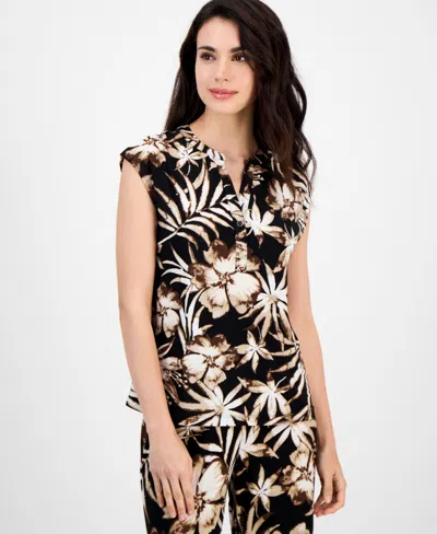 Ak Anne Klein Petite Printed Split-neck Sleeveless Top