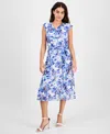 Ak Anne Klein Petite Printed Tie-waist Cap-sleeve Midi Dress
