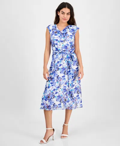 Ak Anne Klein Petite Printed Tie-waist Cap-sleeve Midi Dress