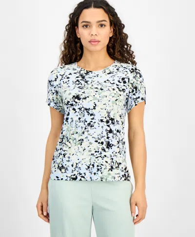 Ak Anne Klein Petite Printed Tulip-sleeve Scoop-neck Top In Skyway Multi
