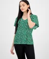 Ak Anne Klein Petite Printed V-neck Raglan-sleeve Top