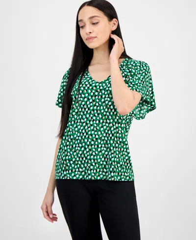 Ak Anne Klein Petite Printed V-neck Raglan-sleeve Top