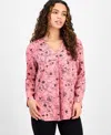 Ak Anne Klein Petite Printed V-neck Roll-tab-sleeve Top In Pink Dahlia,anne Black