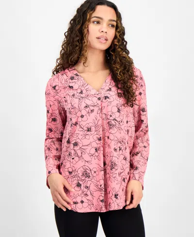 Ak Anne Klein Petite Printed V-neck Roll-tab-sleeve Top In Pink Dahlia,anne Black
