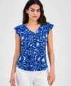 Ak Anne Klein Petite Printed V-neck Ruffle-sleeve Blouse