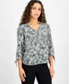 Ak Anne Klein Petite Printed V-neck Tie-sleeve Top In Soft Aloe Multi