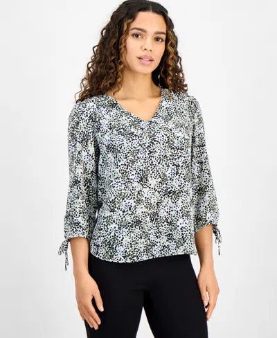 Ak Anne Klein Petite Printed V-neck Tie-sleeve Top In Soft Aloe Multi