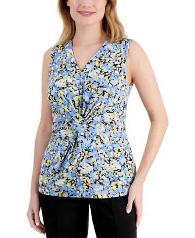 Ak Anne Klein Petite Printed V-neck Twist-front Sleeveless Top In Shore Blue