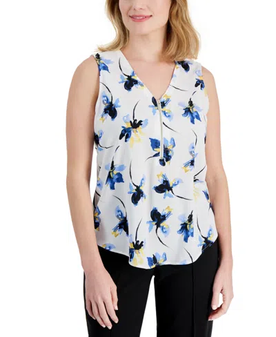 Ak Anne Klein Petite Printed Zip Front V-neck Sleeveless Top In Bright White,shore Blue