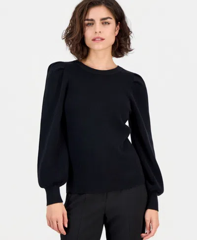 Ak Anne Klein Petite Puff-sleeve Crewneck Sweater In Black
