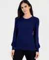 Ak Anne Klein Petite Puff-sleeve Crewneck Sweater In Blue