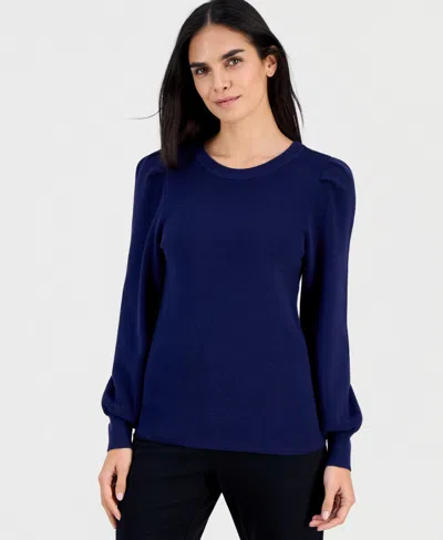 Ak Anne Klein Petite Puff-sleeve Crewneck Sweater In Blue