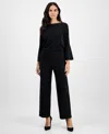 Ak Anne Klein Petite Pull-on Mid-rise Wide-leg Shimmer Pants In Black