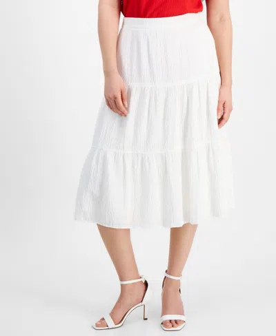Ak Anne Klein Petite Pull-on Tiered Midi Skirt In Bright White