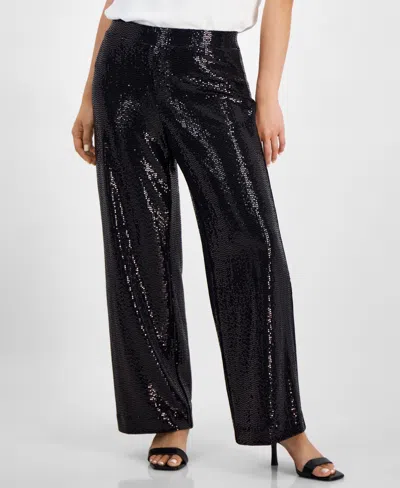 Ak Anne Klein Petite Pull-on Wide-leg Sparkle Pants In Anne Black Shine