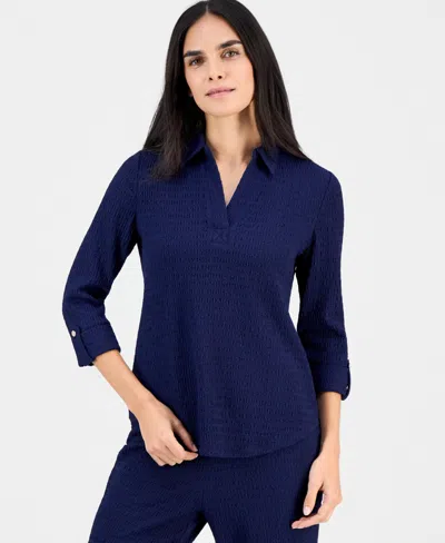 Ak Anne Klein Petite Ridge Knit 3/4-sleeve Top In Blue