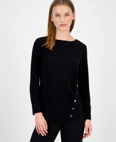 Ak Anne Klein Petite Ruched Long-sleeve Top In Black