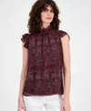Ak Anne Klein Petite Ruffle-neck Flutter-sleeve Top In Burgundy