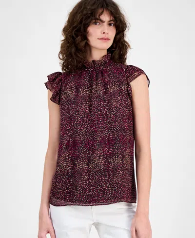 Ak Anne Klein Petite Ruffle-neck Flutter-sleeve Top