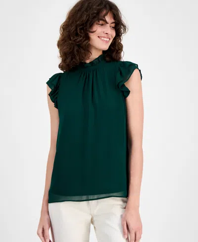 Ak Anne Klein Petite Ruffle-neck Flutter-sleeve Top In Green