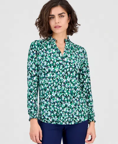 Ak Anne Klein Petite Ruffled-neck Smocked-cuff Top In Green