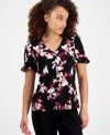 Ak Anne Klein Petite Ruffled-sleeve Floral-print Blouse In Black