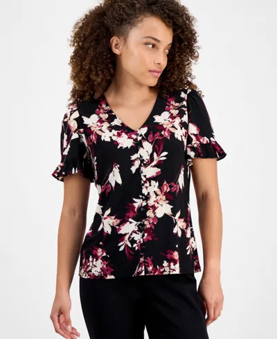 Ak Anne Klein Petite Ruffled-sleeve Floral-print Blouse