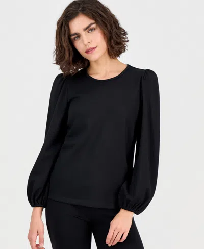 Ak Anne Klein Petite Serenity Knit Long-sleeve Top In Black