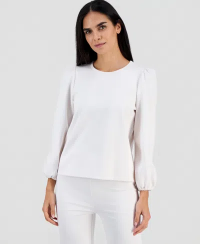 Ak Anne Klein Petite Serenity Knit Long-sleeve Top In White