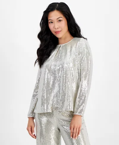 Ak Anne Klein Petite Shine Dot Jacket In Light Latte Shine