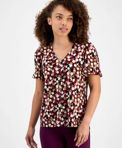 Ak Anne Klein Petite Short-sleeve Dot-print Shirt In Multi