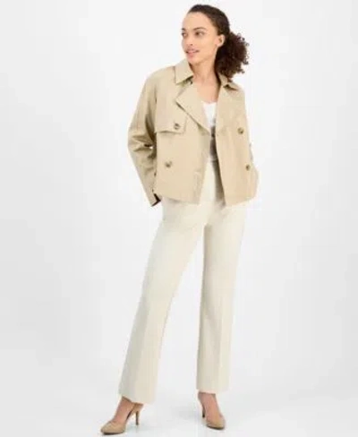 Ak Anne Klein Petite Short Trench Coat Straight Leg Pants In Ak Khaki