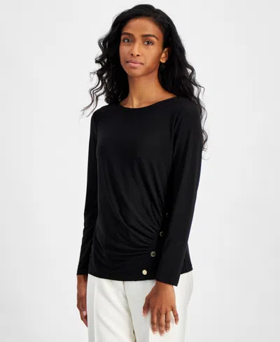 Ak Anne Klein Petite Side-ruched Long-sleeve Top In Anne Black