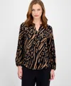 Ak Anne Klein Petite Split-neck Animal-print Top In Brown
