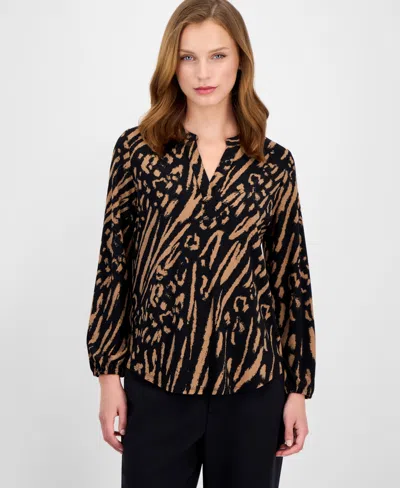 Ak Anne Klein Petite Split-neck Animal-print Top In Brown