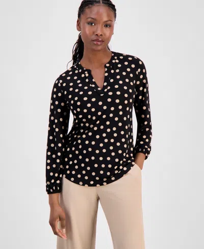 Ak Anne Klein Petite Split-neck Elastic-cuff Top In Multi