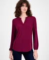 Ak Anne Klein Petite Split-neck Long-sleeve Knit Top In Burgundy
