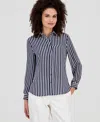 Ak Anne Klein Petite Stripe Button-front Slim-fit Shirt In Blue