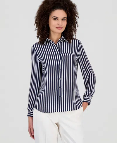 Ak Anne Klein Petite Stripe Button-front Slim-fit Shirt In Blue